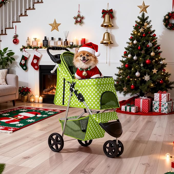 MoNiBloom 3 Wheels Pet Dog Cat Stroller for Small Medium Dogs Cats, Foldable Jogger Stroller w/Storage Basket and Cup Holder, Lawn Green Polka Dots