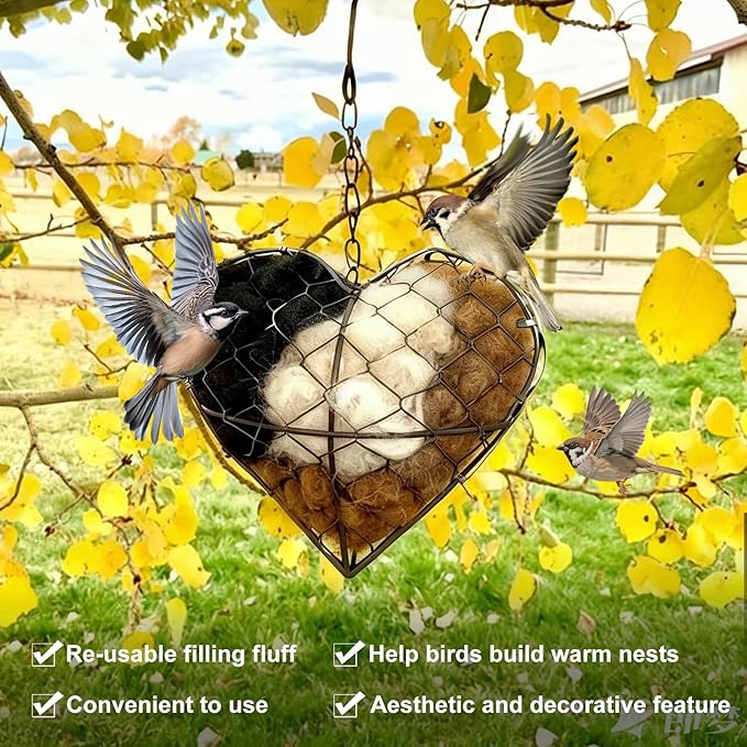 Handmade Alpaca Fiber Bird Nesting Heart, Refillable Birds Haven Heart Shape Hummingbird Nesting, Birds Nests Material Holder, Winter Fowl Gifts Animal Hummingbirds Lovers Home Garden Yard