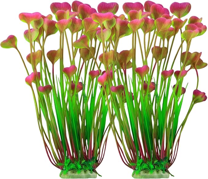 2 Pack Artificial Aquarium Plants, 15.8 Inch Tall, Seaweed, Wine Red, Plastic, Weighted Ceramic Base, for Aquarium, Indoor