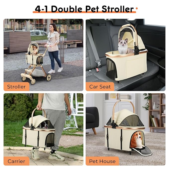 Pet Stroller for Small Dogs - 3 In1 Dog Stroller with Adjustable Handle and Detachable Carrier Car Seat, Foldable Cat Stoller with 5" Lockable All-Terrain Wheels