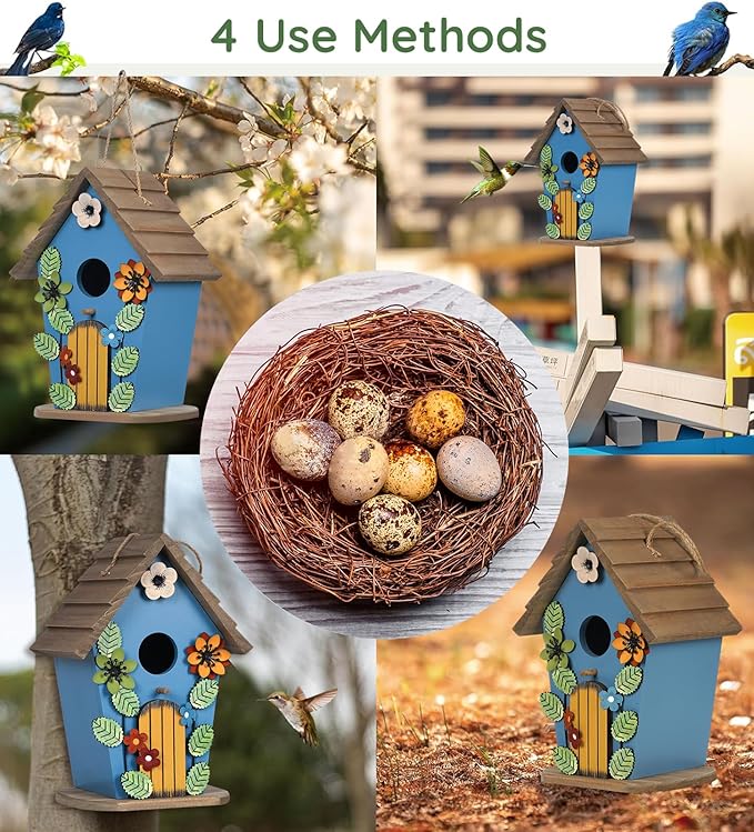Bird Houses for Outside,Wooden Blue Birdhouse,Decorative Birdhouses for Outdoors,Hanging Bird Houses,Bird Box Nest,Humming Bird House for Outside,Bird Gifts for Bird Lovers