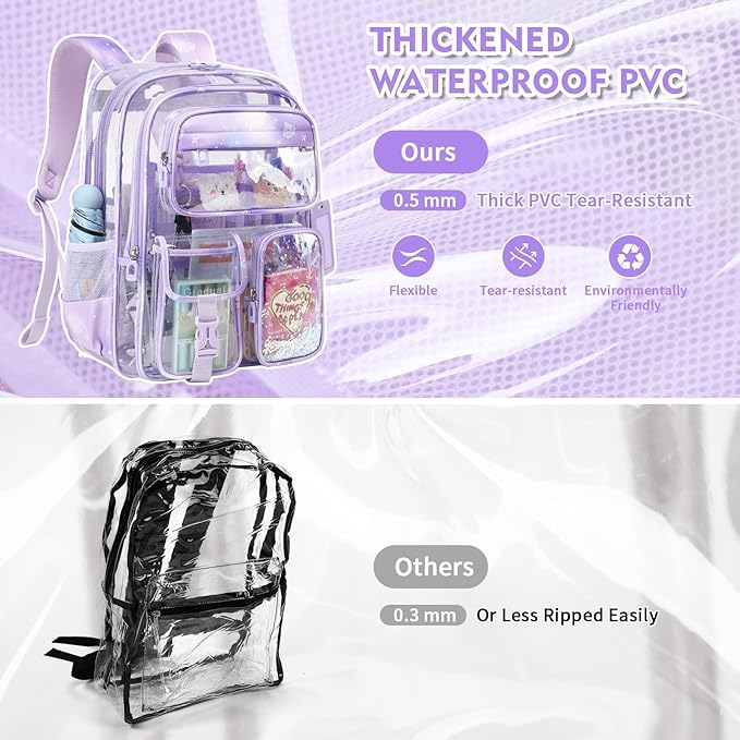 Clear Backpack for School,Transparent Backpack Stadium Events,Heavy Duty Clear Bookbag for Girls,Boys,Work,Sport Purple Sparkle