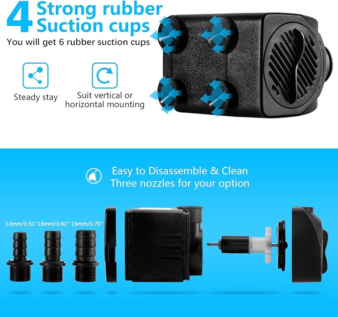 CWKJ Fountain Pump, 2 Packs 400GPH(25W 1500L/H) Submersible Water Pump, Durable Outdoor Fountain Water Pump with 6.5ft Tubing (ID x 1/2-Inch), 3 Nozzles for Aquarium, Pond, Fish Tank, Water Pump