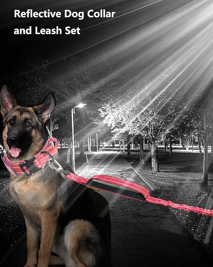 AUBELL Tactical Dog Collar and Leash Set, Reflective Adjustable Heavy Duty Military K9 Collars with Handle and Metal Buckle for Extra Large Dogs, with Airtag Case and 2 Patches(Red,XL)