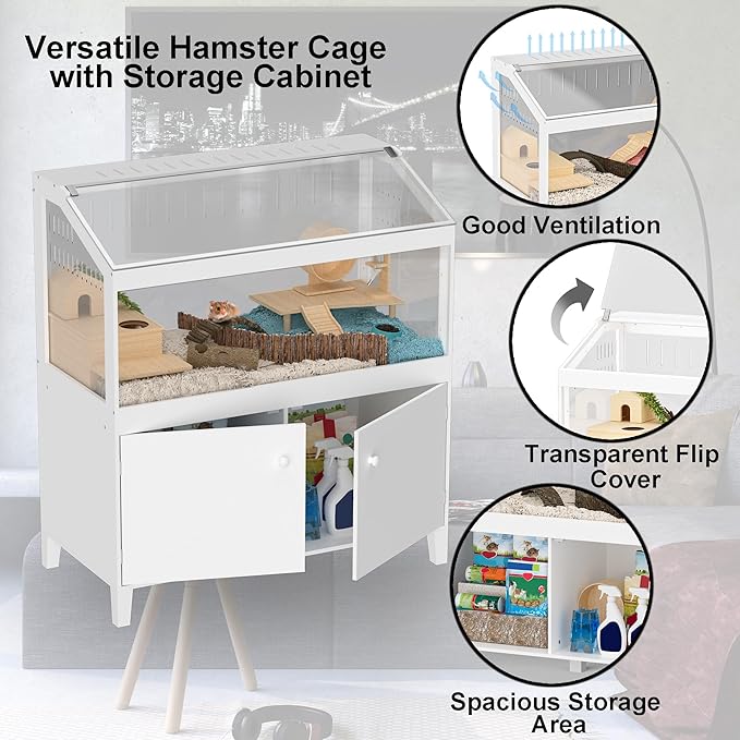 GDLF Hamster Cage with Storage Cabinet Small Animal Cage, Easy View Acrylic Panels, Large Habitat for Hedgehog Gerbil & Rat 39.5"x19.7"x43.7"