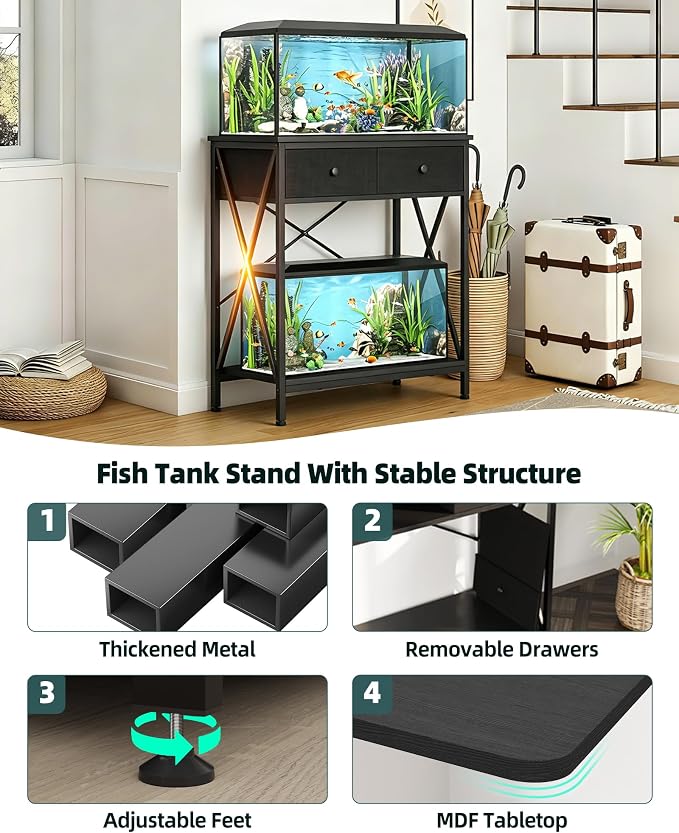 Fish Tank Stand with Drawer,40-50 Gallon Aquarium Stand Easy Assemble | Stable Metal Frame, 2-Tier Breeder Reptile Turtle Terrarium Stand Fits Office Room Home, Adjustable Feet, Accessories Storage