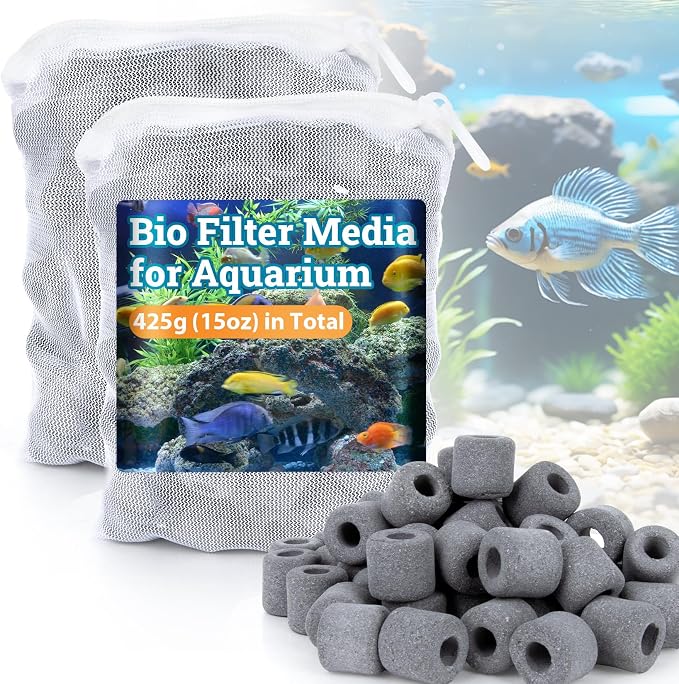 Sukh 15oz Ceramic Rings for Aquarium Filter - Black Bio Media with Bags | Porous Ceramic Rings for 20-55 Gallon Fish Tank, Canister & Pond Systems, Freshwater Saltwater Setup, Replacement & Flow