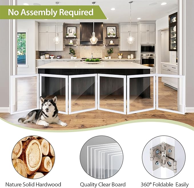 LZRS Extra-Wide Clear Dog Gate for Indoor Use - Transparent Pet Fence with Solid Hardwood and Plastic Board, Stylish & Durable freestanding Pet Gate for Doorways, Stairs and Hallways-6 Panel White