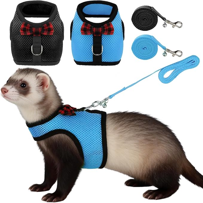 Rypet Small Animal Harness and Leash - Soft Mesh Pet Harness with Safe Bell, No Pull Comfort Padded Vest for Small Pet Black + Blue S