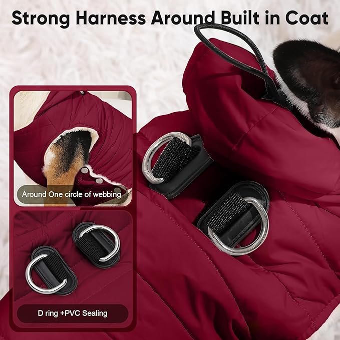 Vecomfy Fleece Lining Dog Hoodie with Harness Built in,Extra Warm Large Dog Jacket in Winter Doggie Coats with Drawstring Hooded,Red XXXL