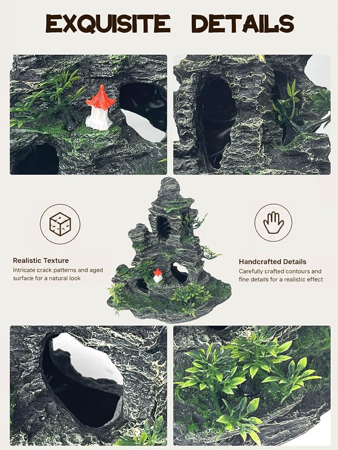 Aquarium Decor - Tall and Large Mountain Rock Ornament for Fish Tank, Aquarium Hideout with Rock Texture for Betta, Guppy, Shrimp - Aquatic Hide Decoration, Fish Hiding House（Red Tower）
