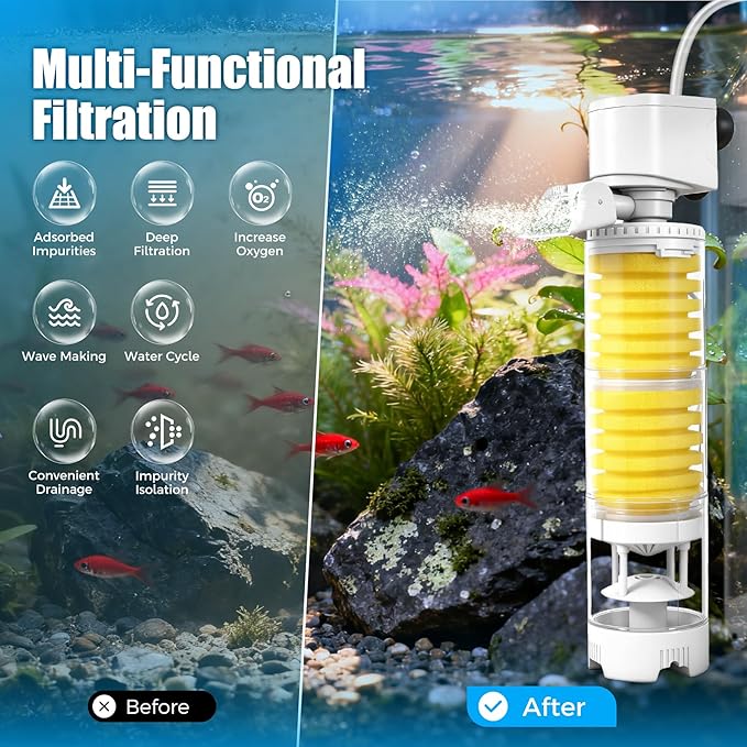 Vehipa Fish Tank Filters, 4-in-1 Aquarium Filter for Multi-Layer Filtration, Adjustable Oxygenation & Wavemaker, Ultra-Quiet Water Circulation for 40-70 Gallon Aquariums, 225GPH