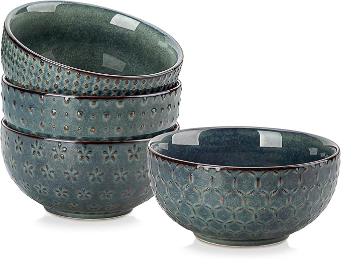 MALACASA Cereal Bowls, 30 Ounce Ceramic Green Soup Bowl for Kitchen, Stoneware Bowls Set of 4 with Embossment for Pho, Chip, Fruits, Salad, Noodle, Ramen - 6 Inch, Series LYDIA
