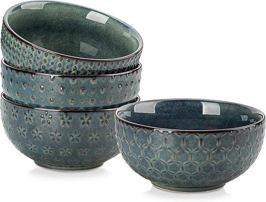 MALACASA Cereal Bowls, 30 Ounce Ceramic Green Soup Bowl for Kitchen, Stoneware Bowls Set of 4 with Embossment for Pho, Chip, Fruits, Salad, Noodle, Ramen - 6 Inch, Series LYDIA