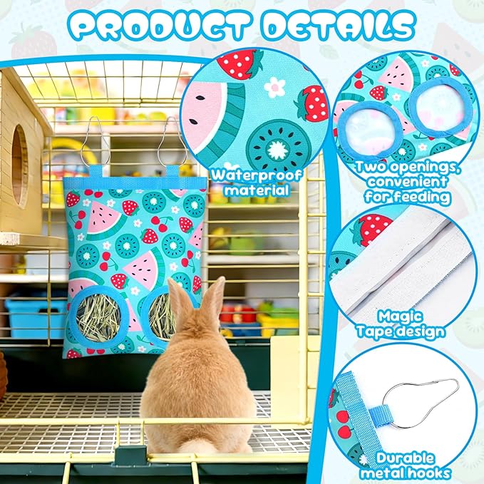 3 Pack Rabbits Hay Feeder Bag, 2 Holes Hanging Bunny Hay Feeder Guinea Pig Feeding Bag Storage Dispenser for Bunny Rabbits Chinchillas Hamsters Small Pets and Animals