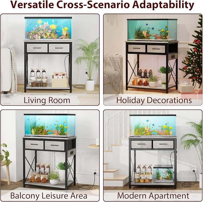 20-29-37 Gallon Fish Tank Stand with Power Outlets and 2 Drawers, Grey | Heavy duty metal frame holds up to 400 pounds with a lower shelf for a second aquarium, turtle tank or reptile terrarium