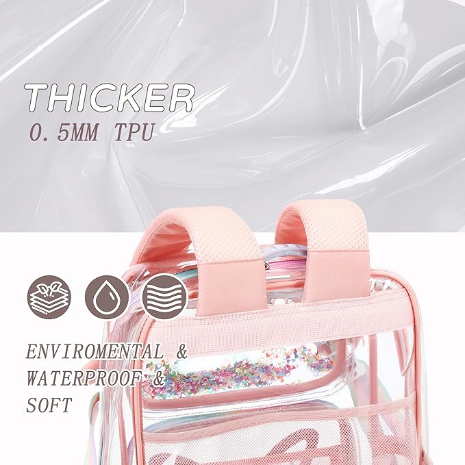 Clear Backpack for School,Large Bookbag Heavy Duty See Through Butterfly Backpacks for Girls Stadium Approved Daypack Transparent Shoulder Bags for Students,Teens,Women,Work,Travel,Concert Pink