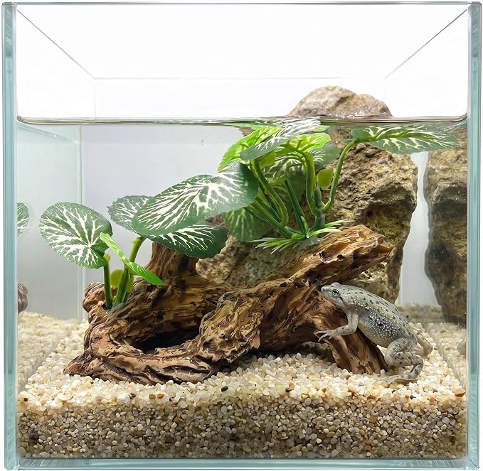 Aquarium Driftwood Decor 4 Inch - Resin Driftwood with Silk Plant Leaves, Fish Tank Decoration for Betta, African Dwarf Frog, Shrimp Hideout
