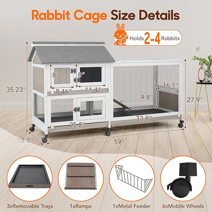 59 in Rabbit Hutch Indoor Bunny Cage, with 3 Leak-Proof Removable Trays, Expandable 2-Story Wooden Waterproof Roof Bunny House Outdoor Chicken Coop