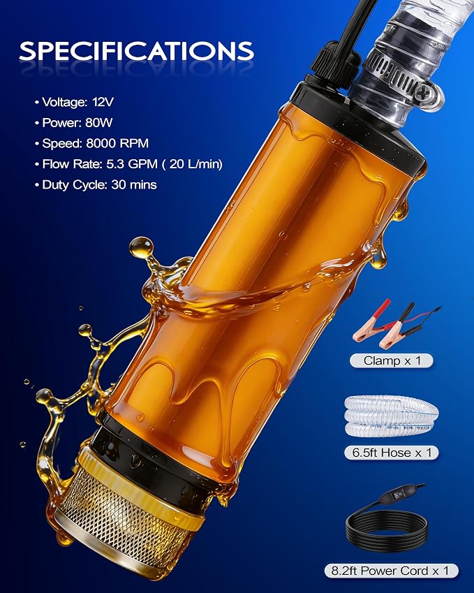 12V 80W Submersible Water Transfer Pump, 5.3GPM High Flow Diesel Water Pump | w/ Hose, Electric Fuel Oil Transfer Pump, Small Portable Utility Pumps for Water, Diesel & Kerosene