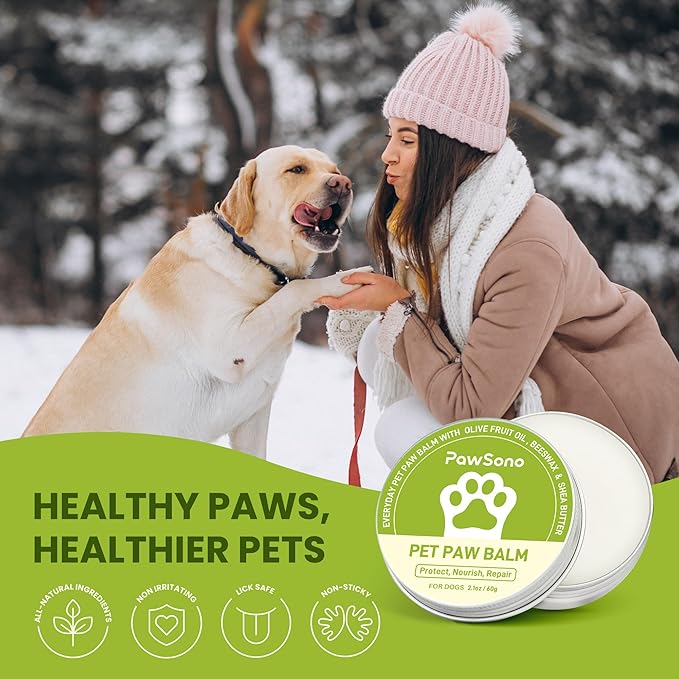 PawSono Lick-Safe Dog Paw Balm for Paws & Nose, All-Natural Paw Pad Moisturizer for Dogs & Cats, Paw Butter Helps Soothe Dry, Cracked Paws, Protects from Snow, Ice Melt & Hot Pavement, 1Pack | 2.1 oz