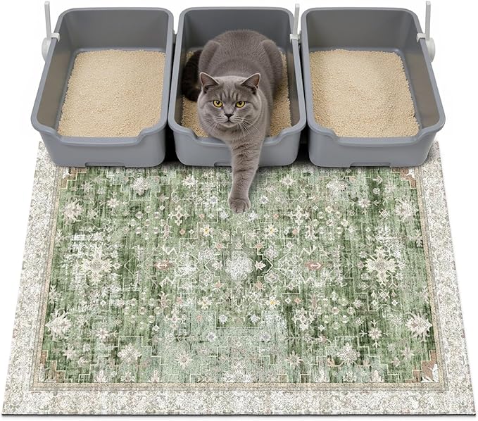 Cat Litter Mat Litter Trapping Mat, 40"x30" Waterproof Urine Proof Litter Box Mat Catcher Mat Non-Slip Washable for Kitty Kitten, Green