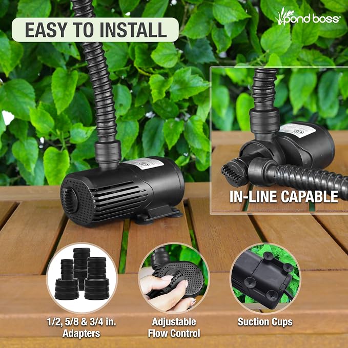 pond boss 500 GPH Submersible and In-Line Water Pump for Hydroponics, Aquaponics, Fountains, and Freshwater Aquariums – Adjustable Flow, Quiet Operation, Includes Tubing Adapters