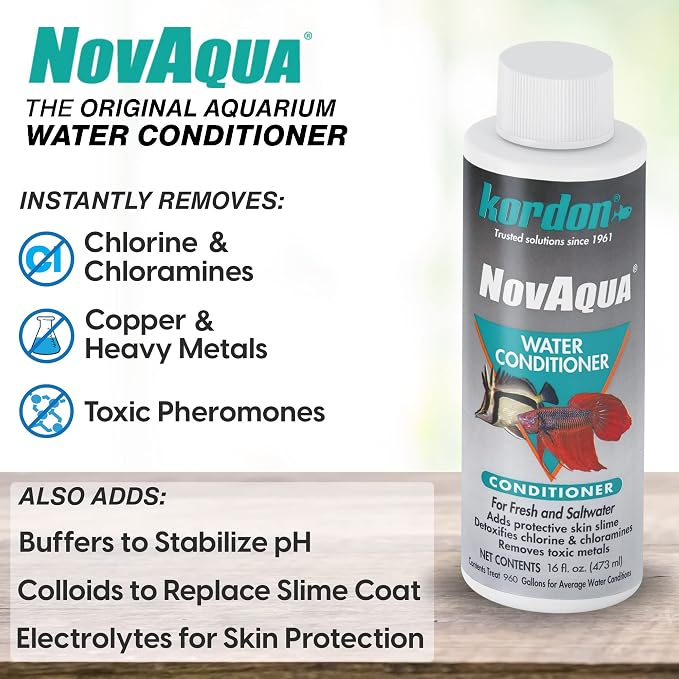 KORDON Novaqua Aquarium Water Conditioner for Freshwater & Saltwater – Instantly Detoxifies Chlorine, Chloramines, & Heavy Metals in Tap Water, Replaces Fish Slime Coat, Adds pH Buffers, 16-ounces