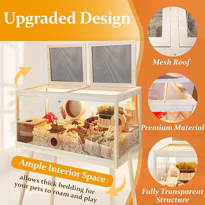 PROLEE Hamster Cage Chewproof, Mice and Rat Habitat with Transparent Sides, Hamster Cage with Openable Mesh Top, Solid Built with Lock Design and Leg Stand, 24" Long