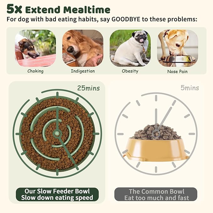 Elevated Slow Feeder Dog Bowl Large Breed, 8.8 Inch Ceramic Slow Eating Bowl with Bamboo Stand, Anti-Choking Raised Maze Design for Medium to Large Dogs, 3.2 Cup, Green