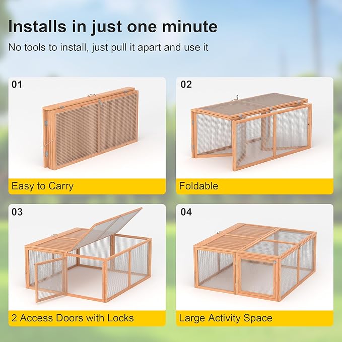 Chicken Coop, Wooden Rabbit Hutch Outdoor Indoor Folding Bunny Cage with Handle Portable Chicken Run with Top & Side Opening Doors Small Animal Playpen No Assembly Pet Poultry Cage for Bunny(Wood)