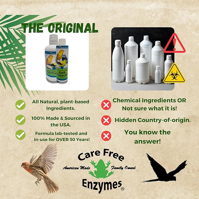 Care Free Enzymes Canary, Finch & Parakeet Bath Protector, 16 oz, Gentle Bird Bath Additive for Pet Birds, Helps Keep Bath Water Clean, Supports Feather Care, Safe for Small Pet Birds
