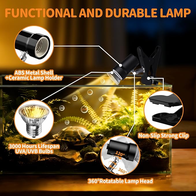 GOZILLA Reptile Heat Lamp, 360°Rota-Table Turtle Light with 25W+50W UVA/UVB Reptile Light Bulbs, Turtle Lamp for Reptile and Amphibian Tanks, Terrariums and Cages.（Black）