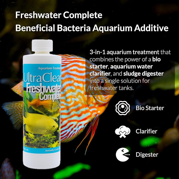 Freshwater Complete – Beneficial Bacteria Aquarium Additive – 3-in-1 Bio Starter, Aquarium Water Clarifier & Sludge Digester – Helps Establish Biological Filtration & Clear Cloudy Water