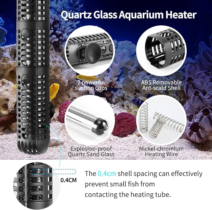 Aquarium Heater 300W Upgraded Fish Tank Heater With Leaving Water Automatically Stop Heating And Advanced Temperature Control System, Suitable For Saltwater And Freshwater 20 Gallons to 60 Gallons
