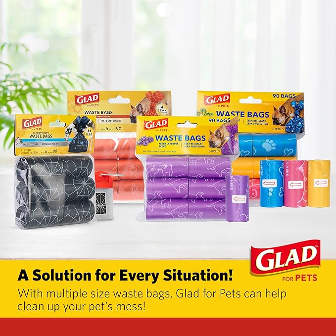 Glad for Pets Scented Dog Waste Bags, Tear-Resistant Pet Poop Pick-up Bags with Leak Protection, Lemon Fresh Scent, Fun Multicolor Bag Designs, 6 Rolls, 90 Bags Total