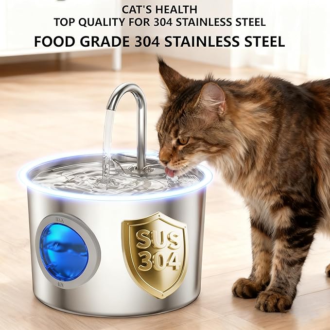 2.2L Stainless Steel Cat Fountain Ultra-Quiet (Under 25dB) & LED Water Level Window, 3-Stage Filtered Flowing Water for Cats, Easy-Clean, Perfect for Indoor Cats, Silver(74oz Cat Fountain + 6 Filters)