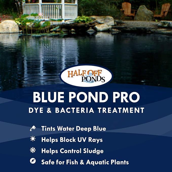 Blue Pond Dye for Clear Water & Sunlight Control, 1 Gallon | Deep blue tint, shades water to reduce sunlight, won't stain when diluted, fish and plant safe, enhances pond appearance