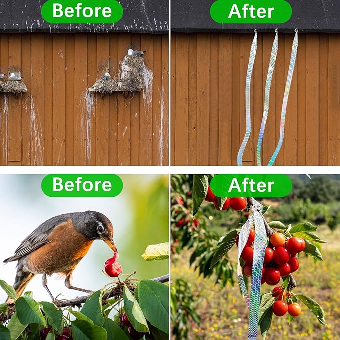 Benasan [984FT] Effective Birds Scare Reflective Ribbon Reflectors,Dual-Sided Flashing Streamers to Keep Pigeons, Hawks, Woodpeckers, Geeses Away from Trees Plants Crops Garden Porch,2*Rolls