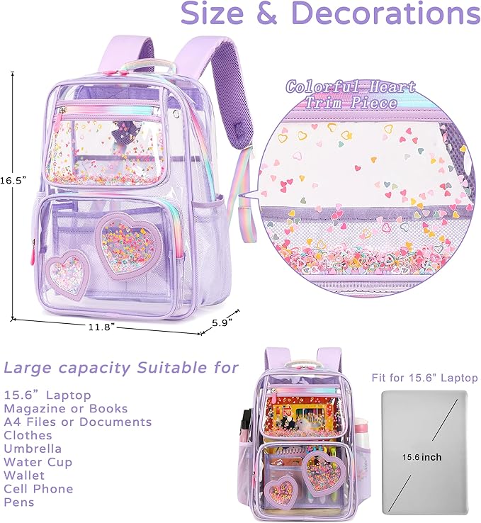 Clear Backpack for Girls,Clear Bookbag Heavy Duty Transparent Backpacks for Stadium Events, See Through Back Pack for Kindergarten Elementary Middle High School (Purple)