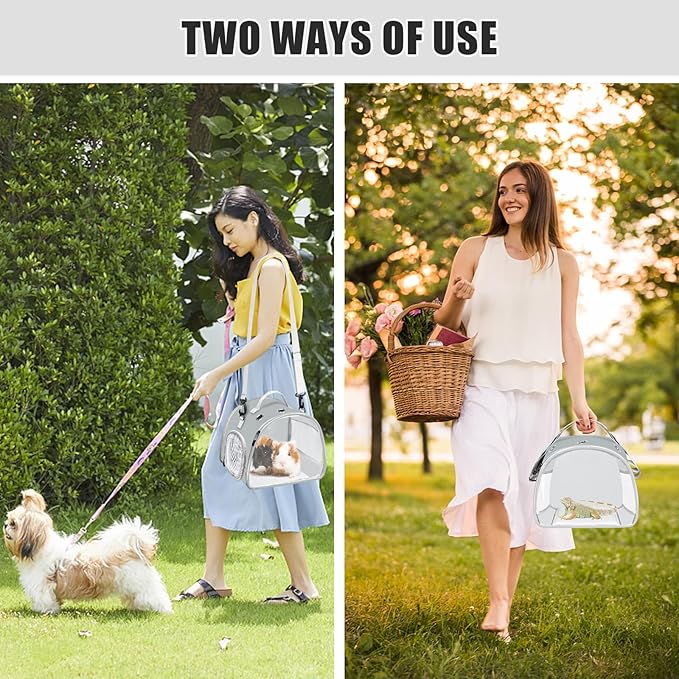 Small Animal Carrier Bag, Upgraded Portable Guinea Pig Carriers, Transparent Hamster Carrying Case, Reptile Rat Rabbit Bearded Dragon Hedgehog Carrier Bag for Travel, Hiking, Walking, Outdoor (Grey)