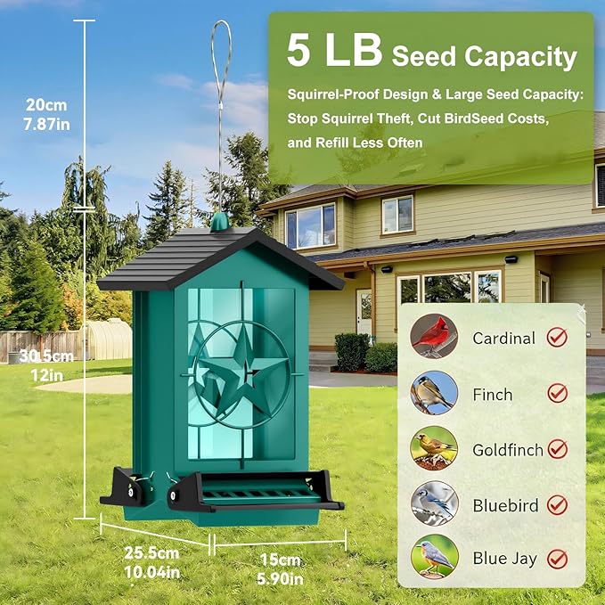 Squirrel Proof Bird Feeders for Outdoors with Weight-Activated, Metal 5LB Large Wild Bird Feeders for Cardinals,Blue Jay,Finch, Weatherproof Durable Hanging Bird Feeder for Backyard,Garden (Green)