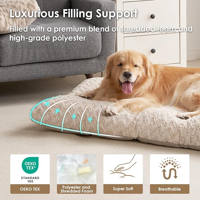 EHEYCIGA Washable XL Dog Bed for Crate 41x27 Inch, Kennel Pad for Extra Large Dogs Up to 65 lbs, Plush and Comfy Pet Sleeping Mat, Beige