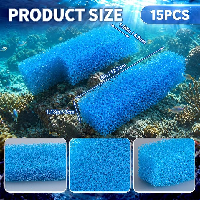 Threlaco 15 Pcs Aquarium Sponge Foam Filter Pads Compatible with Seachem Tidal Replacement Polishing Pad Fish Tank Filter Floss, Media for Crystal Clear Water(Compatible with Seachem Tidal 35,Blue)
