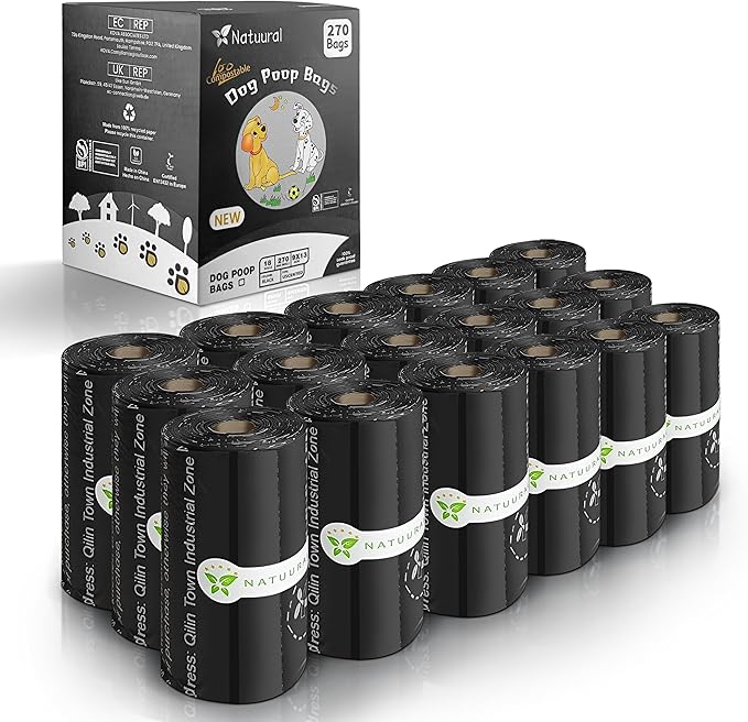 Certified Compostable Dog Poop Bags-270 Bags 18Rolls, Poop Bags for Dogs Made of Cornstarch - ASTM D6400 By USA, Leakproof Easy Open, Unscented Dog Waste Bags (Black)