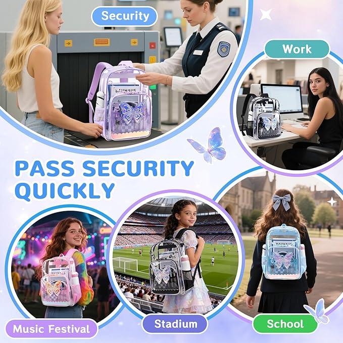 MUSEVOS Clear Backpack, Clear Bookbag for School PVC Heavy Duty Transparent Backpack for Girls, Blue Butterfly