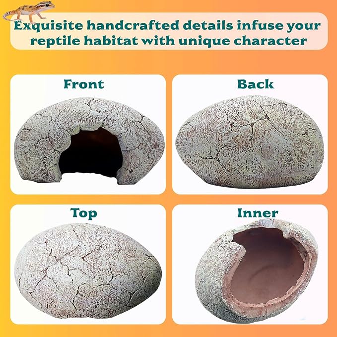 Dinosaur Egg Reptile Hide - Resin Cave for Leopard Gecko, Bearded Dragon & Small Snakes - Humid Hide, Shedding Aid & Terrarium Decor Tank Accessories (Small)