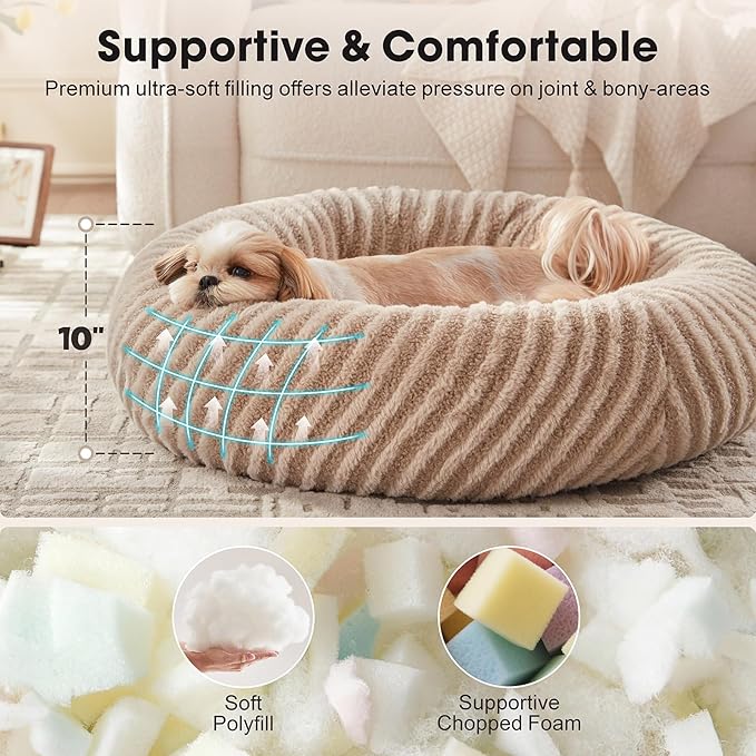 MIXJOY Dog Beds Large Sized Dogs, Washable Dogs Bed with Removable Cover, Cozy Donut Dog Ded Fluffy Plush Faux Fur Pet Bed with Anti-Slip Bottom, 36"x36"x10", Beige