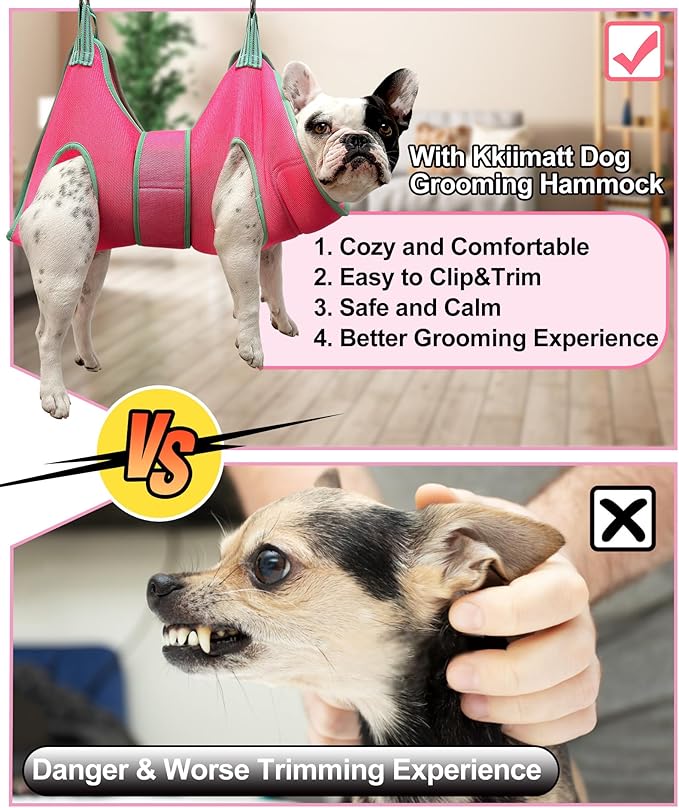 Kkiimatt Dog Grooming Hammock,XS Pink Hanging Harness Holder for Nail Clipping/Trimming,Grooming Sling Hanger with Thick Fabric Neck Support,Strap Restraint for Claw Care