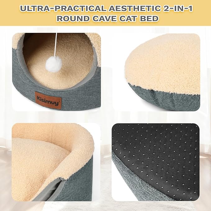 2-in-1 Cat Cave Bed & Lounger with Reversible Plush Cushion, Cat Bed for Indoor Cats, Foldable Anti-Slip Cat House - Calming Cozy Hideaway for Kitten &Small Cats with Anxiety Relief, 15.7in